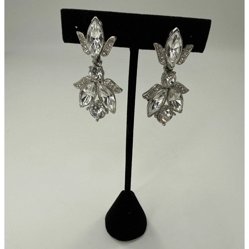 Vintage Eisenberg Ice Clip On Dangle Earrings Rhinestone Silver‎ Tone